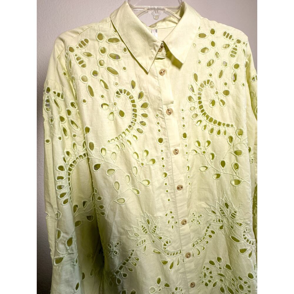 Anthro Eyelet Shirt Dress Green Cutout Mini Dress Button Front Cotton Size M - Picture 6 of 13